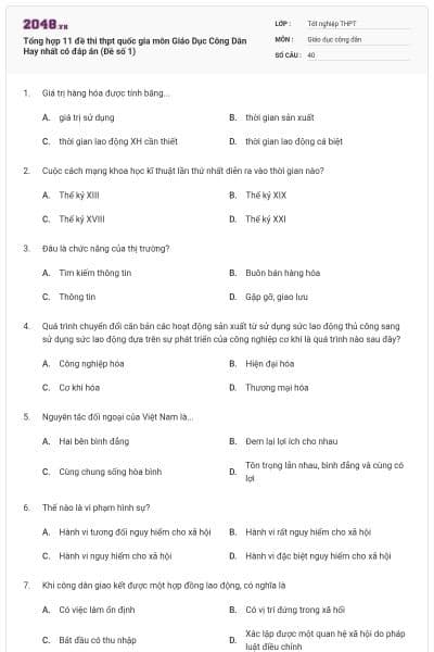 Tổng hợp 11 đề thi thpt quốc gia môn Giáo Dục Công Dân Hay nhất có đáp án (Đề số 1)