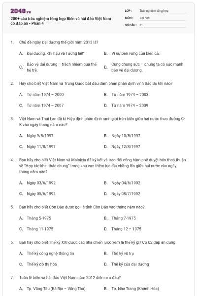 200+ câu trắc nghiệm tổng hợp Biển và hải đảo Việt Nam có đáp án - Phần 4