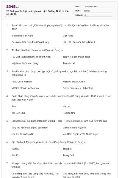 20 Đề luyện thi thpt quốc gia môn Lịch Sử Hay Nhất có đáp án (đề 16)
