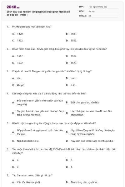 200+ câu trắc nghiệm tổng hợp Các cuộc phát kiến địa lí có đáp án - Phần 1