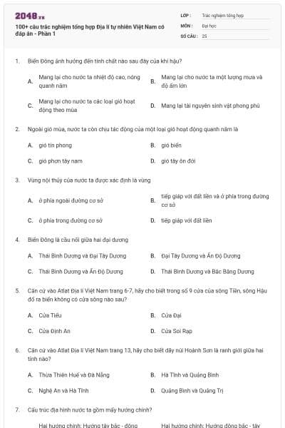 100+ câu trắc nghiệm tổng hợp Địa lí tự nhiên Việt Nam có đáp án - Phần 1