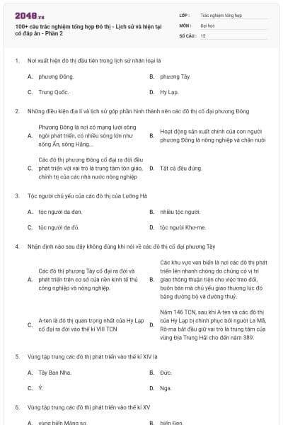 100+ câu trắc nghiệm tổng hợp Đô thị - Lịch sử và hiện tại có đáp án - Phần 2