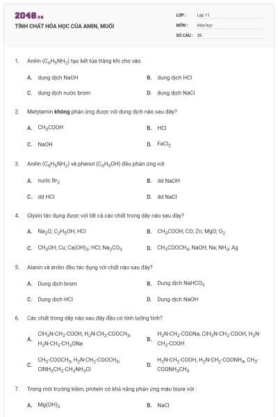 TÍNH CHẤT HÓA HỌC CỦA AMIN, MUỐI