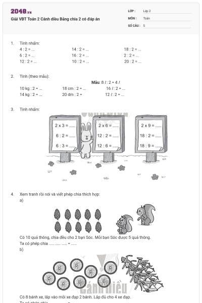 Giải VBT Toán 2 Cánh diều Bảng chia 2 có đáp án