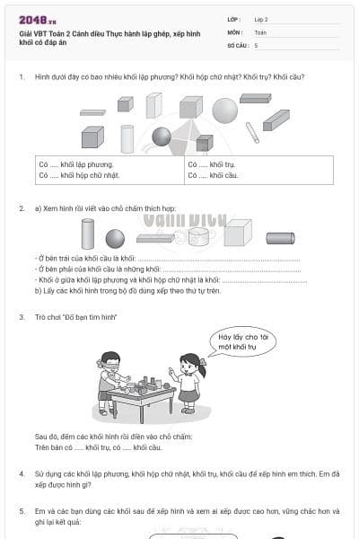Giải VBT Toán 2 Cánh diều Thực hành lắp ghép, xếp hình khối có đáp án