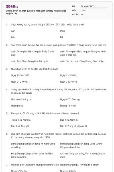 20 Đề luyện thi thpt quốc gia môn Lịch Sử Hay Nhất có đáp án (đề 18)