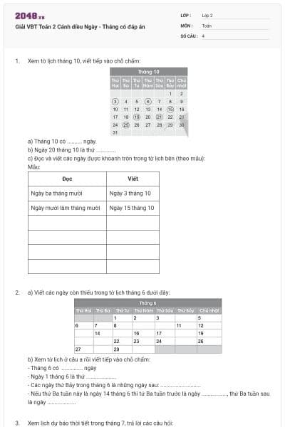 Giải VBT Toán 2 Cánh diều Ngày - Tháng có đáp án