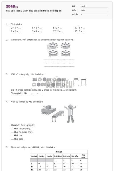 Giải VBT Toán 2 Cánh diều Bài kiểm tra số 3 có đáp án