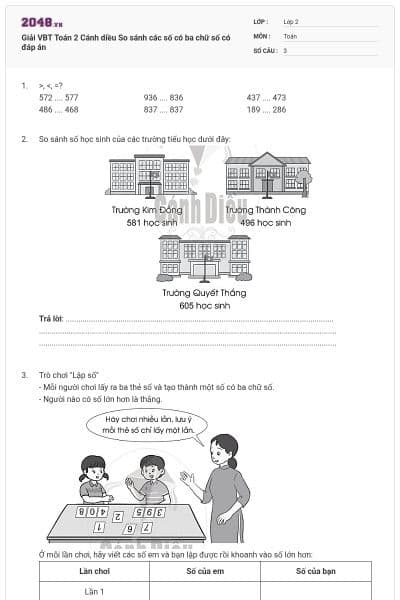 Giải VBT Toán 2 Cánh diều So sánh các số có ba chữ số có đáp án