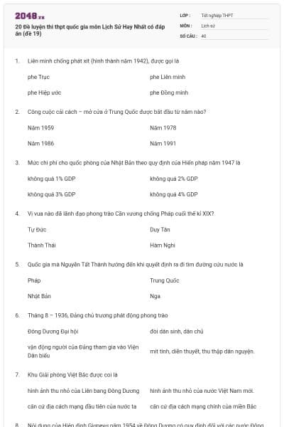 20 Đề luyện thi thpt quốc gia môn Lịch Sử Hay Nhất có đáp án (đề 19)