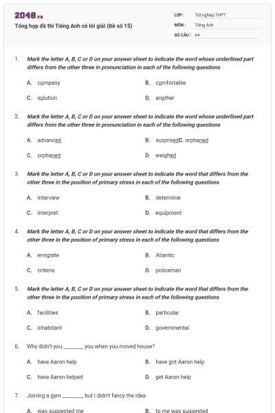 Tổng hợp đề thi Tiếng Anh có lời giải (Đề số 15)