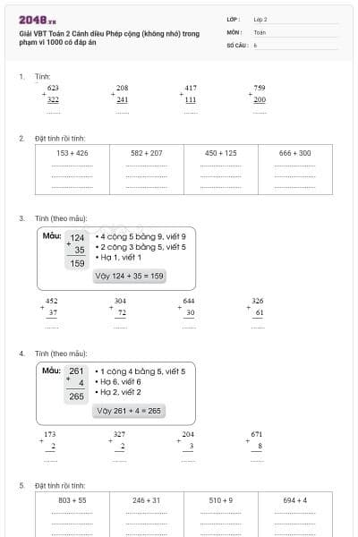 Giải VBT Toán 2 Cánh diều Phép cộng (không nhớ) trong phạm vi 1000 có đáp án