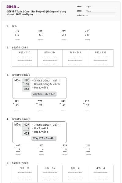 Giải VBT Toán 2 Cánh diều Phép trừ (không nhớ) trong phạm vi 1000 có đáp án
