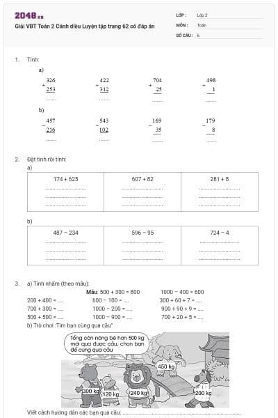 Giải VBT Toán 2 Cánh diều Luyện tập trang 62 có đáp án