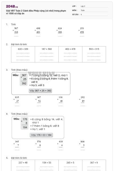Giải VBT Toán 2 Cánh diều Phép cộng (có nhớ) trong phạm vi 1000 có đáp án