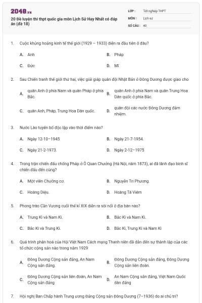 20 Đề luyện thi thpt quốc gia môn Lịch Sử Hay Nhất có đáp án (đề 18)