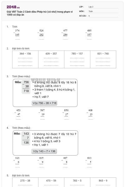 Giải VBT Toán 2 Cánh diều Phép trừ (có nhớ) trong phạm vi 1000 có đáp án