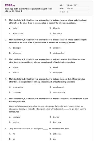 Tổng hợp đề thi thử THPT quốc gia môn tiếng anh có lời giải chi tiết (Đề số 5)