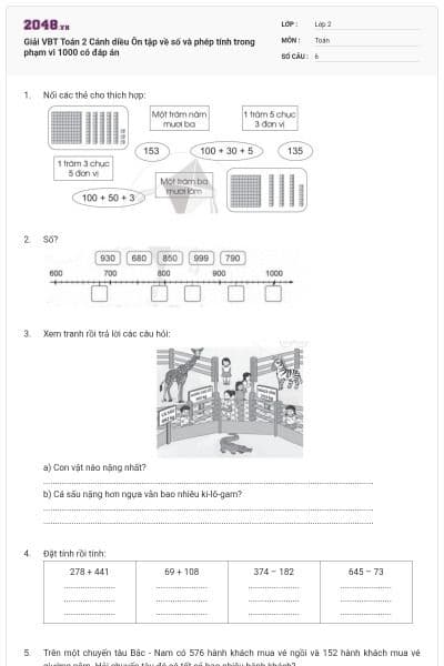 Giải VBT Toán 2 Cánh diều Ôn tập về số và phép tính trong phạm vi 1000 có đáp án
