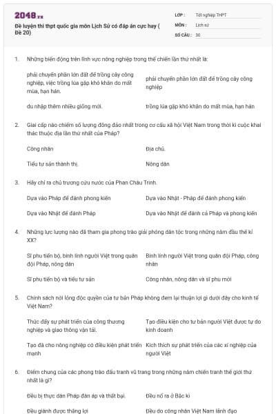 Đề luyện thi thpt quốc gia môn Lịch Sử có đáp án cực hay ( Đề 20)