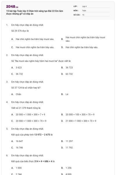 15 bài tập Toán lớp 4 Chân trời sáng tạo Bài 22 Em làm được những gì? có đáp án