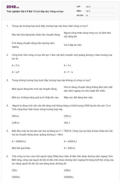 Trắc nghiệm Vật lí 8 Bài 13 (có đáp án): Công cơ học
