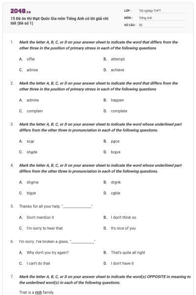 15 Đề ôn thi thpt Quốc Gia môn Tiếng Anh có lời giải chi tiết (Đề số 1)