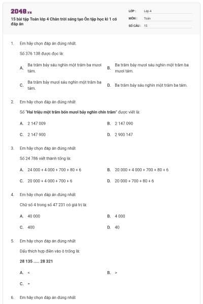15 bài tập Toán lớp 4 Chân trời sáng tạo Ôn tập học kì 1 có đáp án