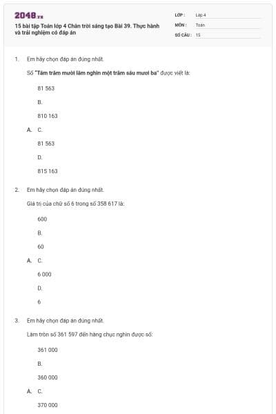 15 bài tập Toán lớp 4 Chân trời sáng tạo Bài 39. Thực hành và trải nghiệm có đáp án