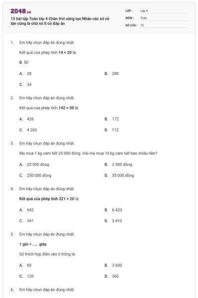 15 bài tập Toán lớp 4 Chân trời sáng tạo Nhân các số có tận cùng là chữ số 0 có đáp án