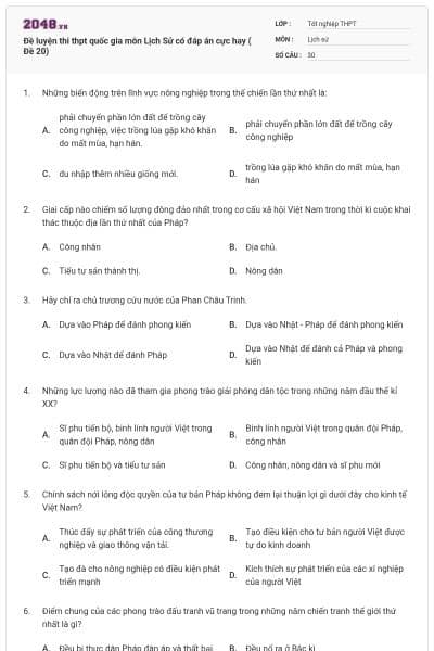 Đề luyện thi thpt quốc gia môn Lịch Sử có đáp án cực hay ( Đề 20)