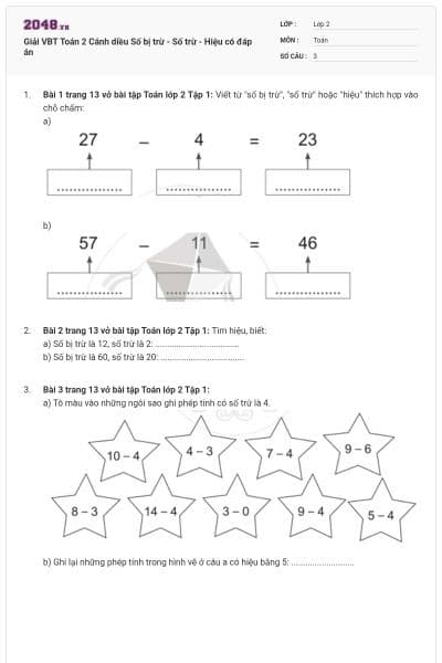 Giải VBT Toán 2 Cánh diều Số bị trừ - Số trừ - Hiệu có đáp án