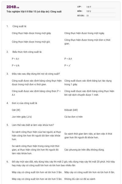 Trắc nghiệm Vật lí 8 Bài 15 (có đáp án): Công suất