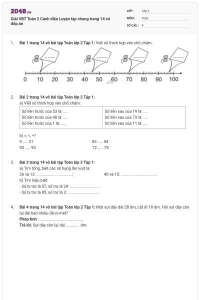 Giải VBT Toán 2 Cánh diều Luyện tập chung trang 14 có đáp án