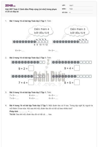 Giải VBT Toán 2 Cánh diều Phép cộng (có nhớ) trong phạm vi 20 có đáp án