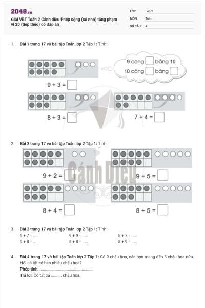 Giải VBT Toán 2 Cánh diều Phép cộng (có nhớ) tỏng phạm vi 20 (tiếp theo) có đáp án