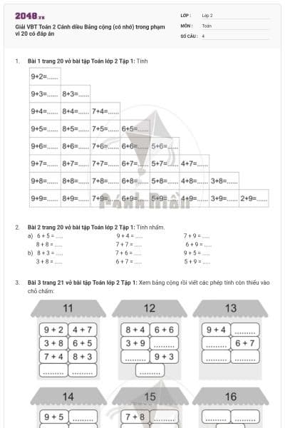 Giải VBT Toán 2 Cánh diều Bảng cộng (có nhớ) trong phạm vi 20 có đáp án