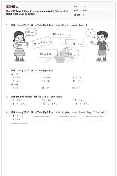 Giải VBT Toán 2 Cánh diều Luyện tập phép trừ (không nhớ) trong phạm vi 20 có đáp án
