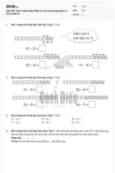 Giải VBT Toán 2 Cánh diều Phép trừ (có nhớ) trong phạm vi 20 có đáp án