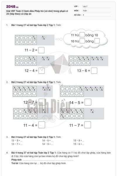 Giải VBT Toán 2 Cánh diều Phép trừ (có nhớ) trong phạm vi 20 (tiếp theo) có đáp án