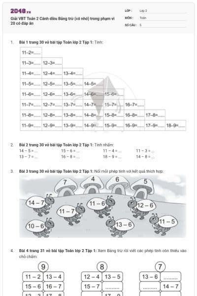 Giải VBT Toán 2 Cánh diều Bảng trừ (có nhớ) trong phạm vi 20 có đáp án
