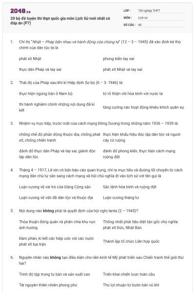 20 bộ đề luyện thi thpt quốc gia môn Lịch Sử mới nhất có đáp án (P7)