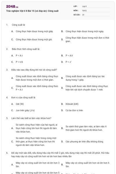 Trắc nghiệm Vật lí 8 Bài 15 (có đáp án): Công suất