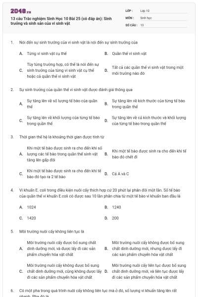 13 câu Trắc nghiệm Sinh Học 10 Bài 25 (có đáp án): Sinh trưởng và sinh sản của vi sinh vật