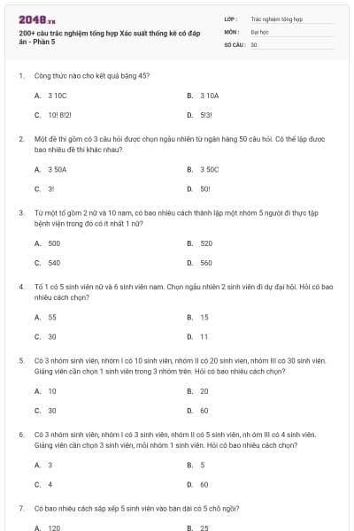 200+ câu trắc nghiệm tổng hợp Xác suất thống kê có đáp án - Phần 5