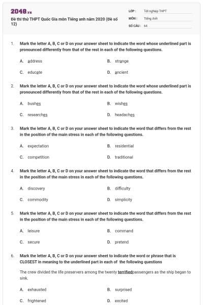 Đề thi thử THPT Quốc Gia môn Tiếng anh năm 2020 (Đề số 12)