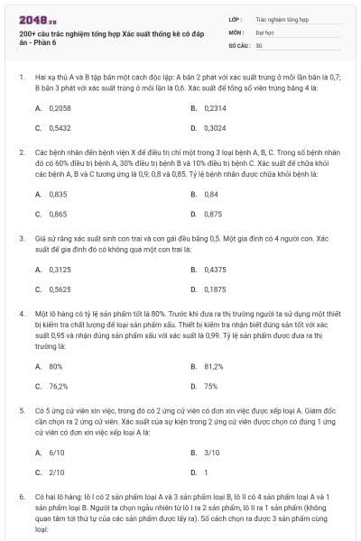 200+ câu trắc nghiệm tổng hợp Xác suất thống kê có đáp án - Phần 6