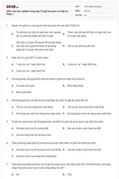 200+ câu trắc nghiệm tổng hợp Trị giá hải quan có đáp án - Phần 1