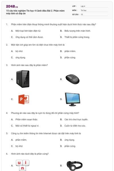 15 câu trắc nghiệm Tin học 4 Cánh diều Bài 2. Phần mềm máy tính có đáp án