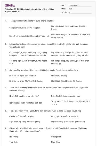 Tổng hợp 11 đề thi thpt quốc gia môn Địa Lý Hay nhất có đáp án (Đề số 2)